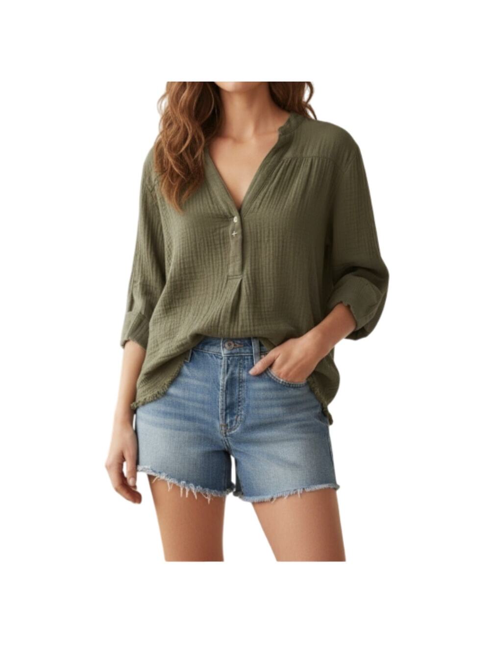 FREE PEOPLE Changing Horizons V Neck Top Sz S Olive Green Gauze Oversize Boho